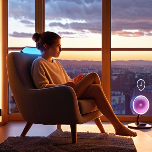 Home 16 **Prompt:** A cozy, modern apartment interior at twilight. Sunlight streams through a window, illuminating subtle interfaces of AI integrated into the space: a holographic voice assistant gently glowing on a countertop, a smart thermostat displaying optimal climate, a personalized music playlist visually represented as flowing sound waves around a comfortable armchair. A person is seen effortlessly enjoying this seamless, convenient environment, emphasizing the quiet, pervasive presence of AI as an invisible helper in daily life. High detail, warm lighting, futuristic yet homely atmosphere.