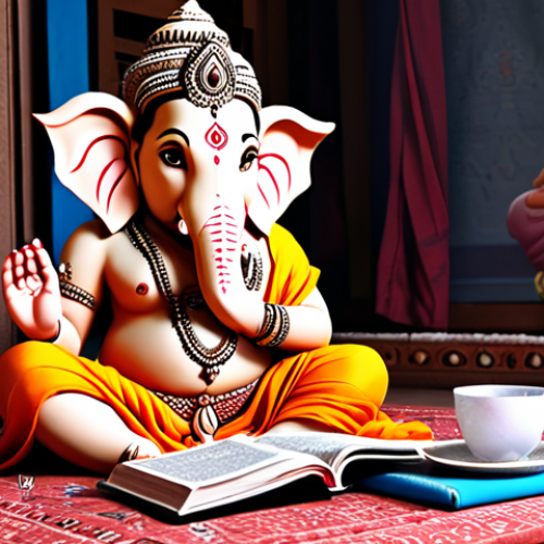Home 15 ** A student engrossed in Hindi learning materials (textbook, online course on a laptop), surrounded by Indian cultural elements (e.g., a small Ganesha statue, Indian fabrics). The scene should convey the initial steps of learning Hindi: grammar, vocabulary, reading.
**