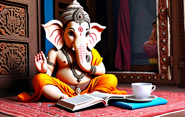 ** A student engrossed in Hindi learning materials (textbook, online course on a laptop), surrounded by Indian cultural elements (e.g., a small Ganesha statue, Indian fabrics). The scene should convey the initial steps of learning Hindi: grammar, vocabulary, reading.
**