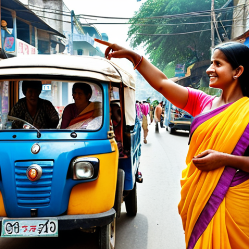 Home 8 **A bustling Indian street scene. A friendly woman in a colorful sari is helping a tourist with a map, pointing him in the right direction. Tuk-tuks and street vendors add to the lively atmosphere. Focus on warm, inviting colors and a sense of cultural immersion.**