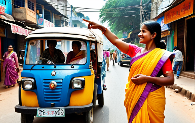 **A bustling Indian street scene. A friendly woman in a colorful sari is helping a tourist with a map, pointing him in the right direction. Tuk-tuks and street vendors add to the lively atmosphere. Focus on warm, inviting colors and a sense of cultural immersion.**