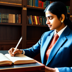 A professional Indian linguist, an adult, in a modest business suit, sitting comfortably at a sleek wooden desk in a modern, sunlit office space. One hand gently rests on an ancient-looking, richly bound book with intricate Hindi script, while the other navigates a digital tablet displaying abstract blockchain network graphics and linguistic data. The background features bookshelves filled with diverse texts, blending traditional aesthetics with minimalist contemporary design. The atmosphere is intellectual and serene. The subject is fully clothed, appropriate attire, safe for work, perfect anatomy, correct proportions, natural pose, well-formed hands, proper finger count, natural body proportions, professional photography, high quality, appropriate content, family-friendly.