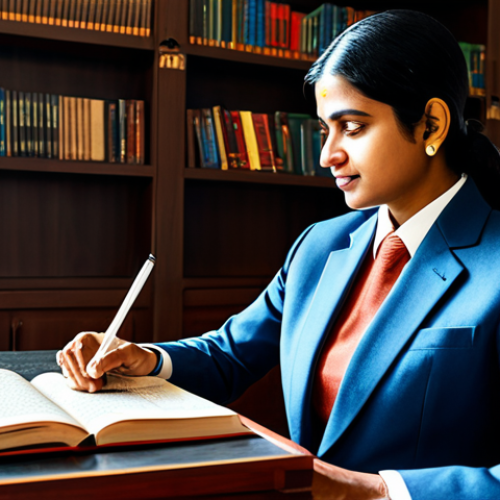 A professional Indian linguist, an adult, in a modest business suit, sitting comfortably at a sleek wooden desk in a modern, sunlit office space. One hand gently rests on an ancient-looking, richly bound book with intricate Hindi script, while the other navigates a digital tablet displaying abstract blockchain network graphics and linguistic data. The background features bookshelves filled with diverse texts, blending traditional aesthetics with minimalist contemporary design. The atmosphere is intellectual and serene. The subject is fully clothed, appropriate attire, safe for work, perfect anatomy, correct proportions, natural pose, well-formed hands, proper finger count, natural body proportions, professional photography, high quality, appropriate content, family-friendly.