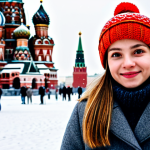 ** A young woman with Slavic features, fully clothed in a stylish, warm winter coat and a knitted hat, standing in Red Square, Moscow. Snow is falling softly. In the background, St. Basil's Cathedral is visible. The image should have a professional, high-quality photography style. Safe for work, appropriate content, modest, family-friendly. Perfect anatomy, correct proportions, natural pose.

**