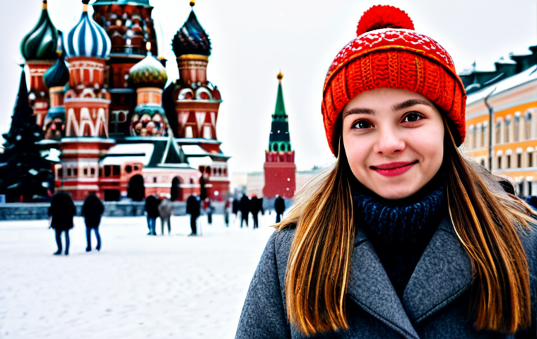 ** A young woman with Slavic features, fully clothed in a stylish, warm winter coat and a knitted hat, standing in Red Square, Moscow. Snow is falling softly. In the background, St. Basil's Cathedral is visible. The image should have a professional, high-quality photography style. Safe for work, appropriate content, modest, family-friendly. Perfect anatomy, correct proportions, natural pose.

**