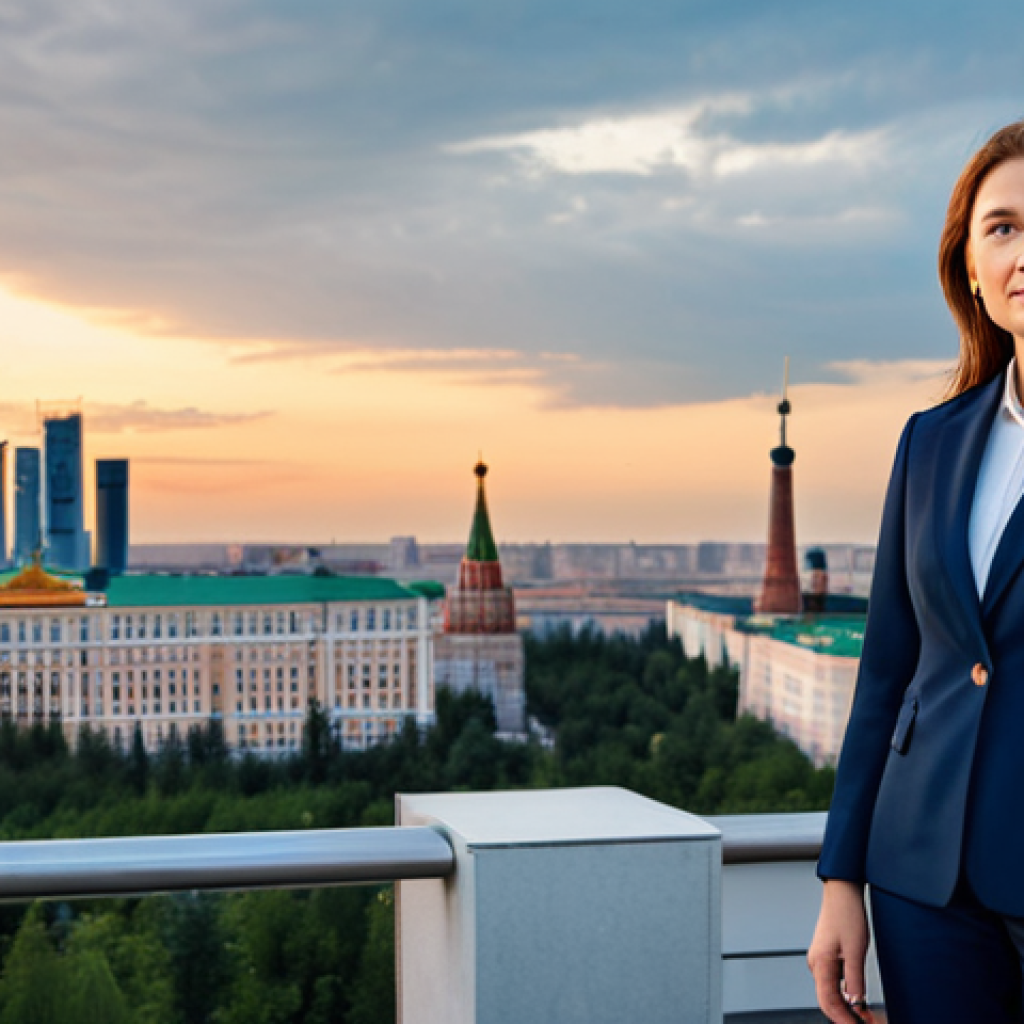 **

A professional businesswoman in a modest navy blue business suit, standing confidently in front of the Moscow skyline at sunset, fully clothed, appropriate attire, safe for work, perfect anatomy, correct proportions, natural pose, professional corporate photography, high quality, family-friendly.

**