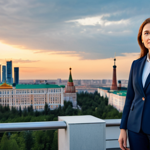 **

A professional businesswoman in a modest navy blue business suit, standing confidently in front of the Moscow skyline at sunset, fully clothed, appropriate attire, safe for work, perfect anatomy, correct proportions, natural pose, professional corporate photography, high quality, family-friendly.

**
