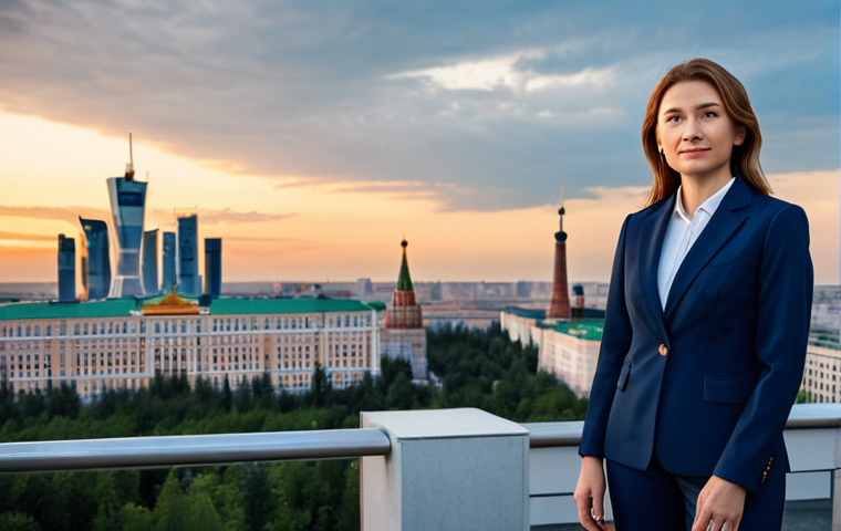 **

A professional businesswoman in a modest navy blue business suit, standing confidently in front of the Moscow skyline at sunset, fully clothed, appropriate attire, safe for work, perfect anatomy, correct proportions, natural pose, professional corporate photography, high quality, family-friendly.

**