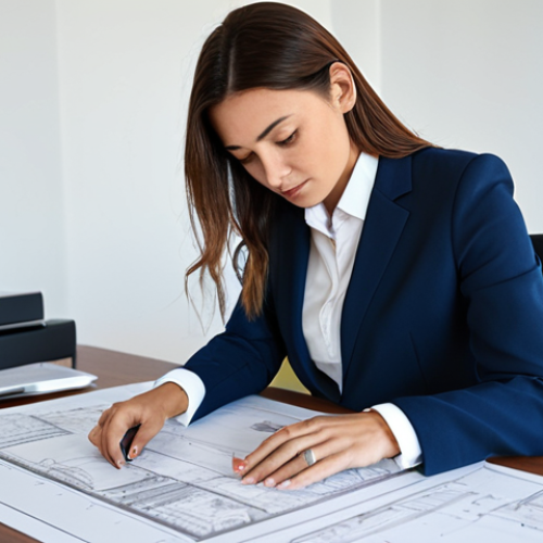 **

A professional female architect in a modern office, reviewing blueprints at her desk, fully clothed in a modest business suit, appropriate attire, natural lighting, safe for work, family-friendly, perfect anatomy, correct proportions, well-formed hands, proper finger count, natural body proportions, professional photography, high quality.

**