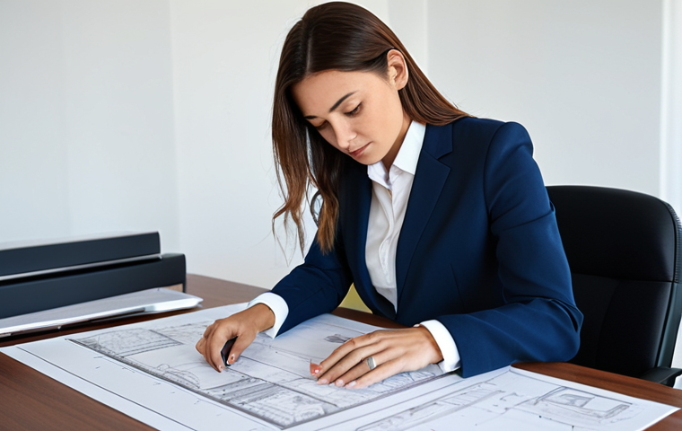 **

A professional female architect in a modern office, reviewing blueprints at her desk, fully clothed in a modest business suit, appropriate attire, natural lighting, safe for work, family-friendly, perfect anatomy, correct proportions, well-formed hands, proper finger count, natural body proportions, professional photography, high quality.

**