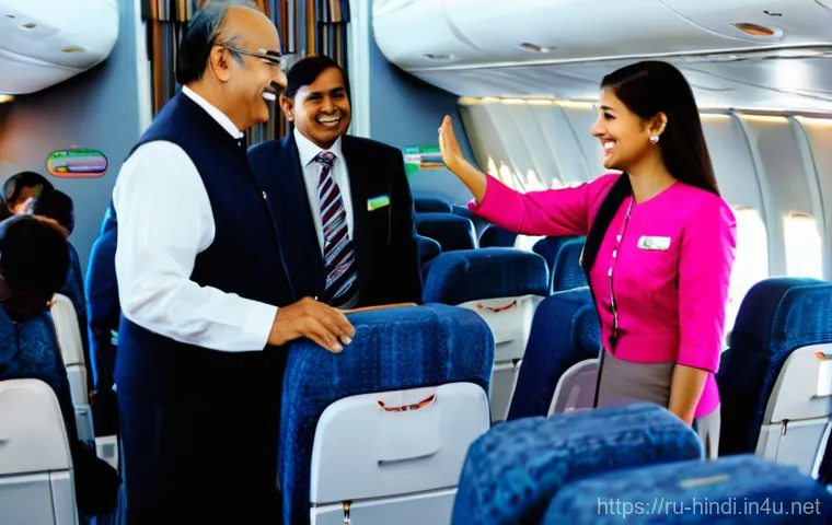 힌디어와 항공 승무원 - **Prompt:** A modern, bright, and inviting airplane cabin filled with diverse passengers. In the for...