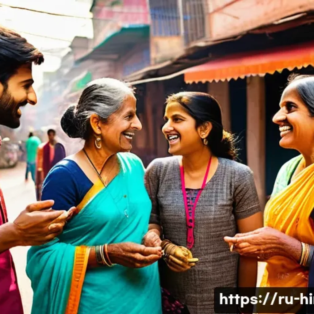 힌디어 숙어와 표현 - A vibrant street scene in India showing a group of friends engaged in lively conversation, with one ...