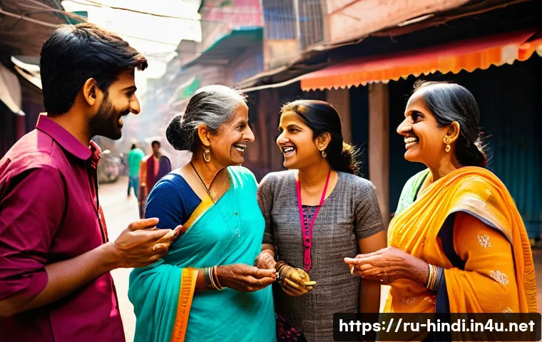 힌디어 숙어와 표현 - A vibrant street scene in India showing a group of friends engaged in lively conversation, with one ...