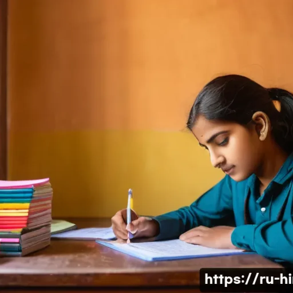 힌디어 스터디 모임 - A cozy study room scene featuring a young adult learner sitting at a wooden desk, surrounded by colo...