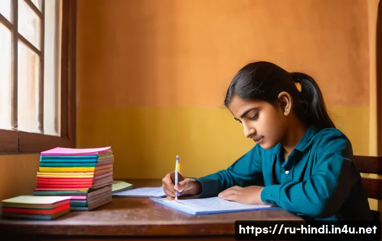 힌디어 스터디 모임 - A cozy study room scene featuring a young adult learner sitting at a wooden desk, surrounded by colo...