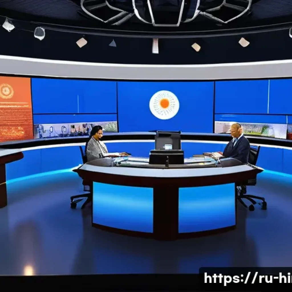 힌디어 정치 뉴스 번역 - A detailed digital illustration of a modern Indian political news studio, featuring a diverse group ...