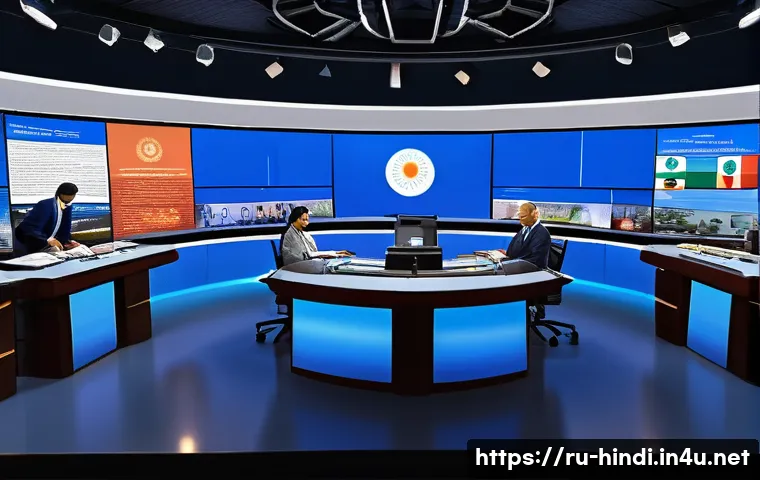 힌디어 정치 뉴스 번역 - A detailed digital illustration of a modern Indian political news studio, featuring a diverse group ...