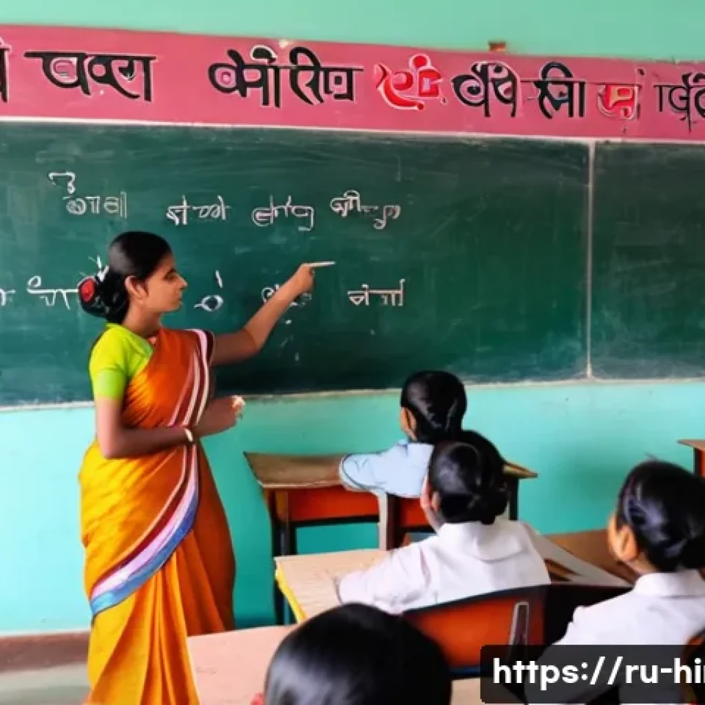 힌디어 문장부호 사용 - A detailed classroom scene in an Indian school teaching Hindi punctuation, featuring a female teache...