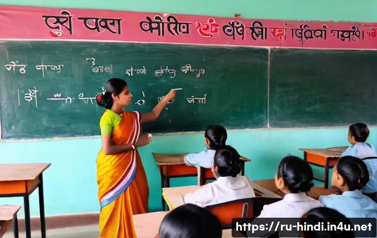 힌디어 문장부호 사용 - A detailed classroom scene in an Indian school teaching Hindi punctuation, featuring a female teache...