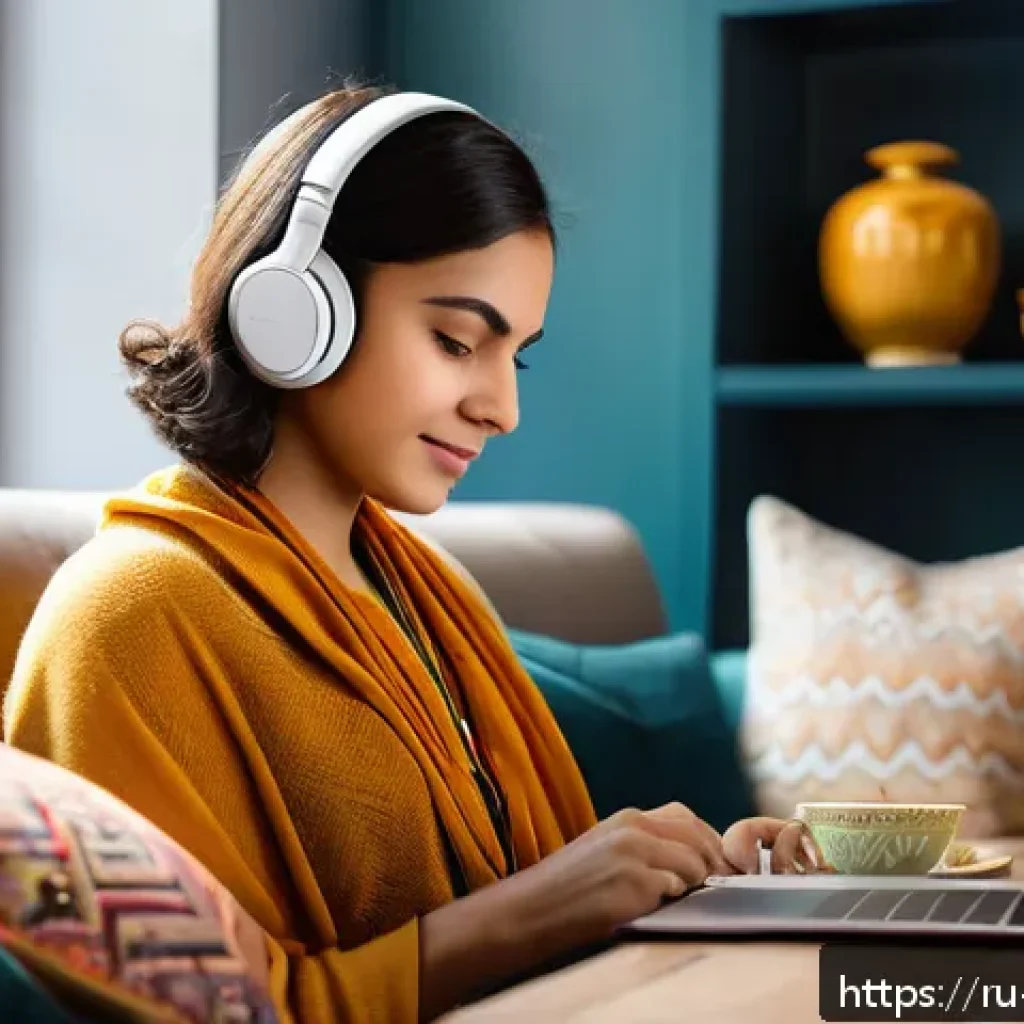힌디어 팟캐스트 추천 - A cozy modern living room scene featuring a young Russian adult woman sitting comfortably on a sofa ...