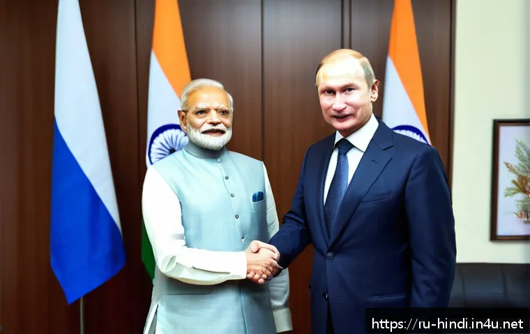 힌디어와 외교관 - A professional diplomatic meeting between Russian and Indian delegates in a modern conference room, ...