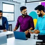 Home 21 힌디어로 인도 경제 분석 - A vibrant modern Indian startup office scene with young professionals collaborating around laptops a...