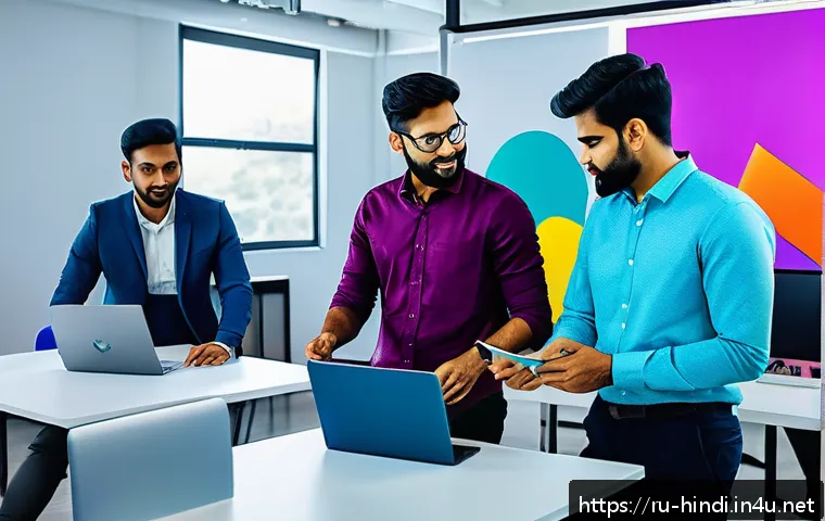 힌디어로 인도 경제 분석 - A vibrant modern Indian startup office scene with young professionals collaborating around laptops a...