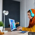 Home 20 힌디어 독해 연습법 - A cozy study corner in a modern Russian apartment, featuring a young adult woman attentively listeni...