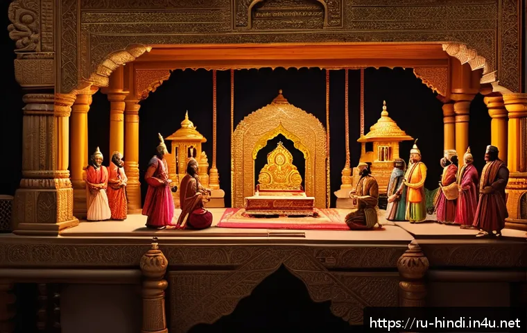 힌디어 문학 - A vivid scene depicting ancient Indian epic storytelling, featuring an elegant traditional setting w...