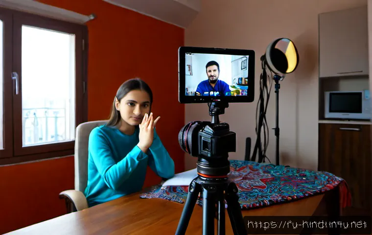 Home 17 힌디어 유튜브 채널 운영 - Photorealistic home studio scene of a Russian-speaking content creator recording a Hindi-language vi...