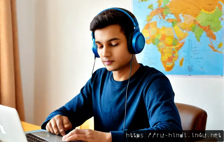 Home 17 힌디어 번역가 되는 법 - Photorealistic home study scene of a young Russian aspiring Hindi translator at a tidy desk in a Mos...