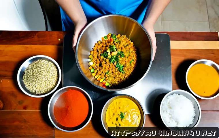 Home 17 힌디어와 요리 용어 - Photorealistic overhead kitchen scene showing a Russian home cook preparing Indian-inspired food, ne...